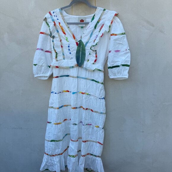 NWT Farm Rio Midi Dress Mixed Prints Off White V-Neck Short Puff Sleeves Ruffled - Picture 4 of 8